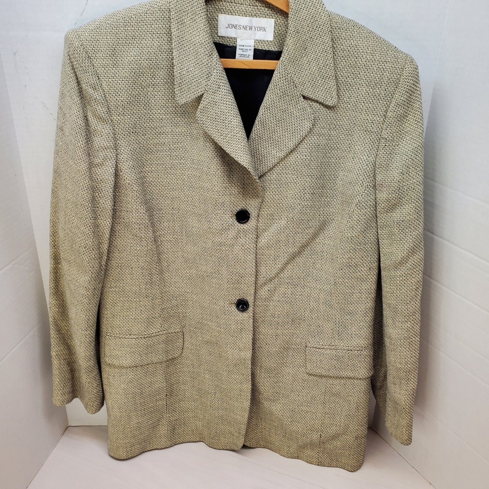 Jones New York‎ Blazer Tan Black Basketweave USA Vintage Dark Academia Large 90s